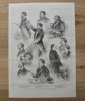 Holzstich Glasgow 1885 Wahlskizzen Irische Partei in der Nationalhalle